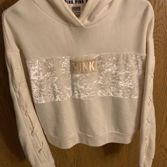 PINK Victoria’s Secret monochrome crop velvet lace up sleeve hoodie sweatshirt - Picture 3 of 10